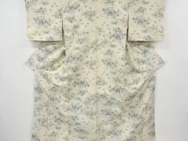 アンティーク　観世水に草花模様織り出し手織り節紬着物